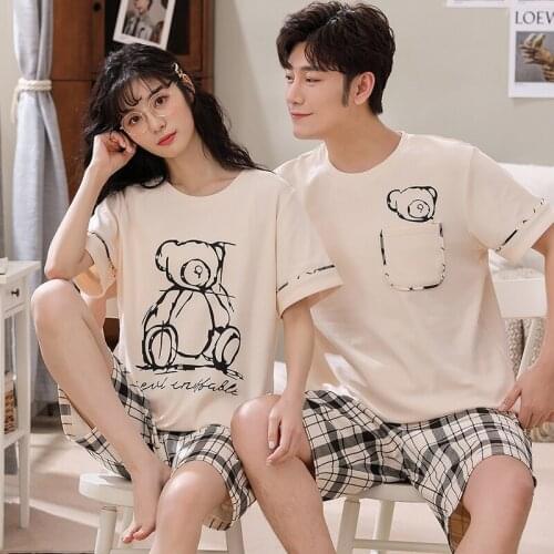 Summer Couple Pajama Sets Cute Bear Print Casual Short Sleeve Homewear Loose Daily Cotton Shorts Cotton Shorts Two Piece Set