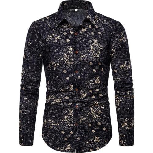 Mens Cotton Printed CasualTops Men Long-sleeved Button-down Shirt Plus Size