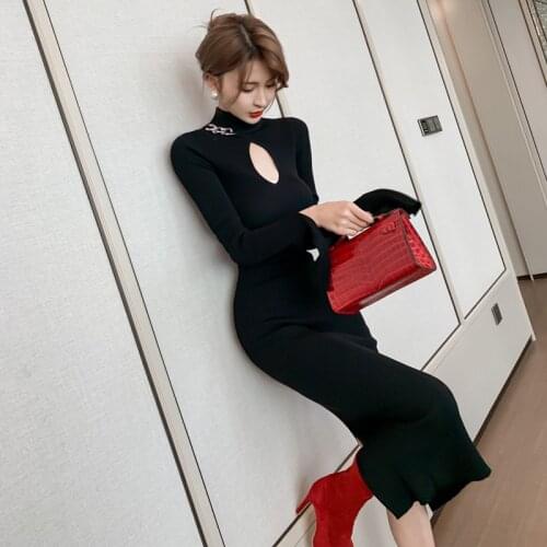2021 Spring New Womens Hollow Design Slim Knit Long Hip Ladies Dress Slim