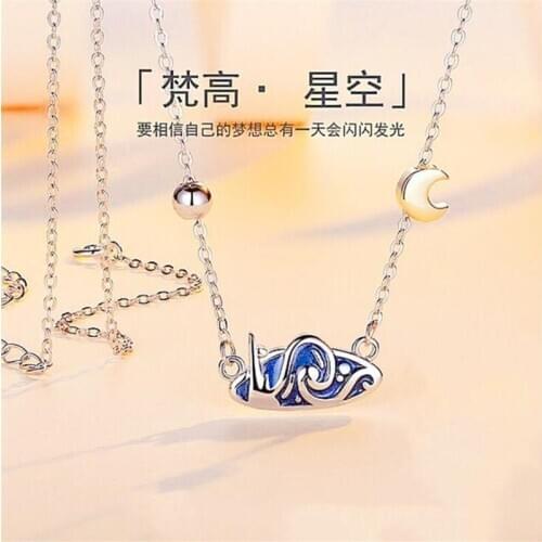 New Creative Van Gogh Star Personality 925 Sterling Silver Jewelry Blue Epoxy Gold Moon Cloud Clavicle Chain Necklaces H494