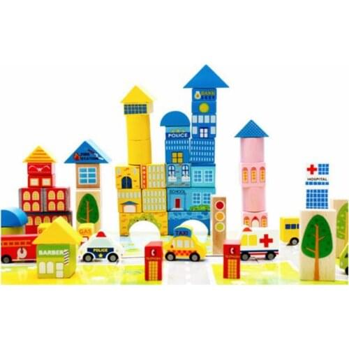 New 62pcs Safety color cartoon images city traffic scene wooden building blocks Childrens birthday and Christmas gift