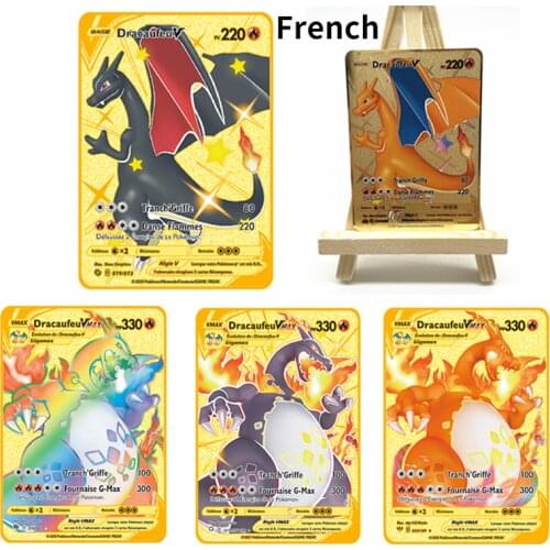 New Pokemon Charizard PV French Vmax V GX EX Shiny Gold Metal Card Game Tag Team Fighting Ordering Series Child Christmas Gift