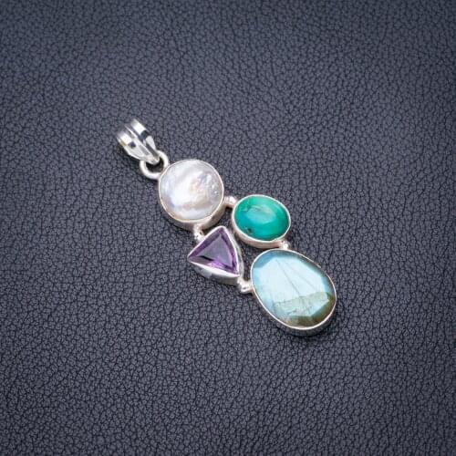 StarGems Natural Blue Fire Labradorite Bliwa Pearl,Amethsyt And Turquoise Handmade 925 Sterling Silver Pendant 2" E3731