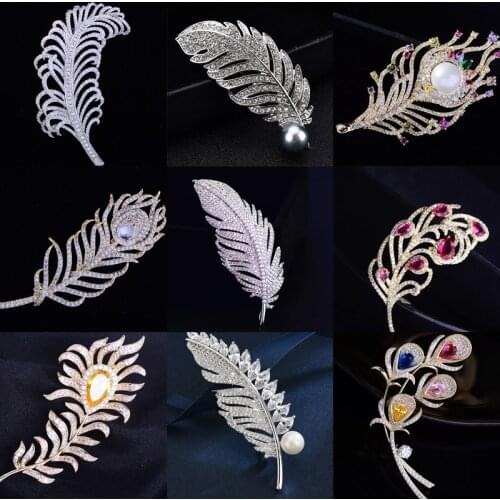 Luxury Crystal Rhinestone Feather Brooches for Women Men Wedding Bouquet Jewelry Colorful Zircon Brooch Pin broche femme bijoux