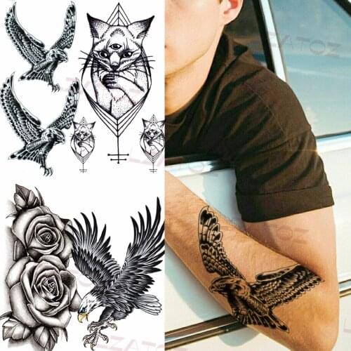 Realistic Black Bald Eagle Temporary Tattoos For Men Women Geometric Cat Rose Fake Tattoo Sticker Body Art Half Sleeve Tatoos