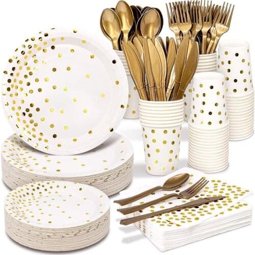 Anniversary Bronzing golden dots party disposable tableware set supplie tissue paper tray for baby shower birthday party supplie