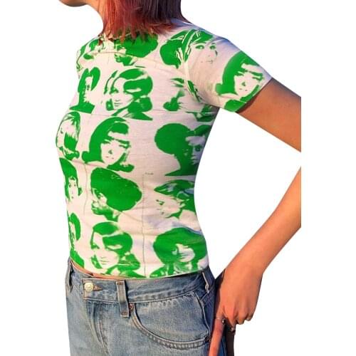 Y2k Ladies Summer Round Collar T-shirt Girls Creative Head Portraits Printing Short Sleeve Midriff-baring Tops Slim Base Shirt