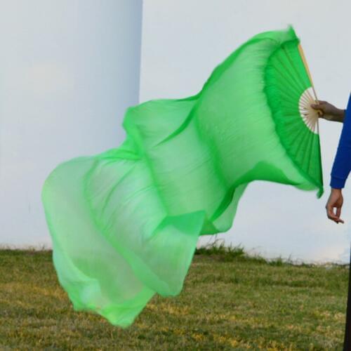 2016 High selling 100% Real Silk Veils 1 Pair handmade women Quality Silk Belly Dance Fan Dance green Apple green 180*90 cm