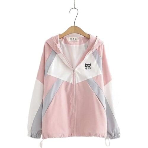 Women Jackets Cartoon Print Patchwork Hooded Jacket 2020 Autumn Thin Zipper Long Sleeve Pockets Casual Ladies Basic Outwears