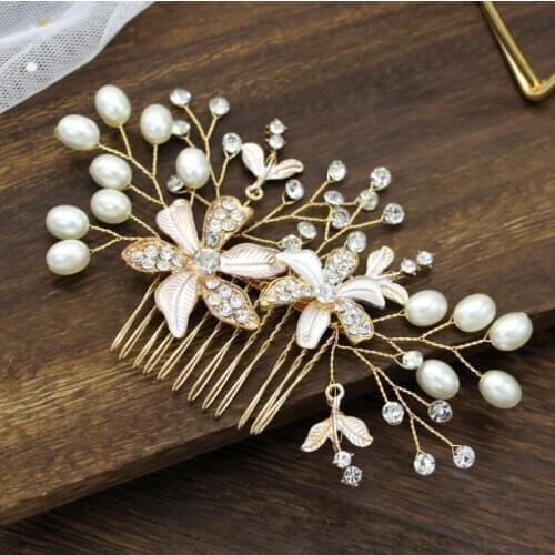 Handmade Flower Wedding Hair Accessories Gold Pearl Hair Combs Clips For Hair Ornaments Girl Crystal Women Brides Hair Jewelry