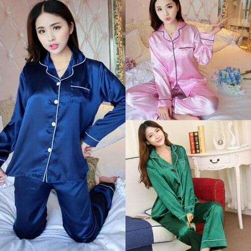Womens Pajamas Suit Imitation Silk Luxury Noble Long Sleeve Nightgown Home Wear Spring Autumn Nightwear Sleepwear Solid