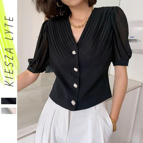 Summer womens top 2020 new french fashion pleated slim chiffon short bubble sleeve blouse elegant office lady Blusas