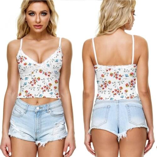 Floral Pattern Camisole 3D Print Flower Sleeveless Backless Sexy V-Neck Lace Suspender Tank Crop Top Women Girl 2021 Summer New