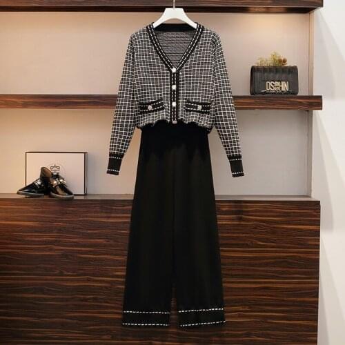 New Arrival Autumn Winter Knitted Two piece Set Casual Womens Cardigan Tops And Wide-Leg Pants Suits High Quality Hit Color big