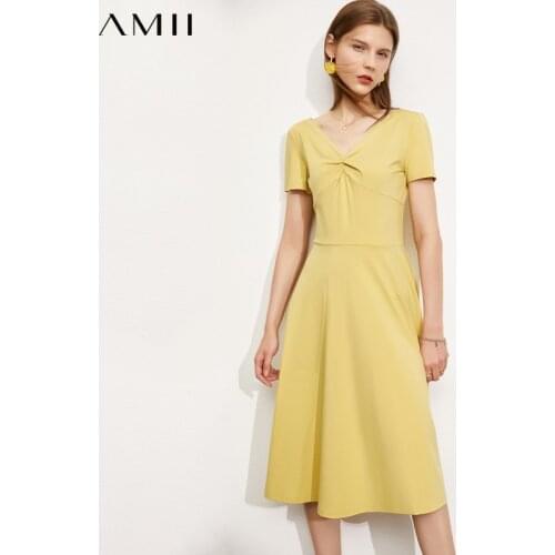Amii Minimalism Summer Maxi Dresses For Women Fashion Folds V Neck Dress High Waist Elegant Aline Womens Dresses 12120239