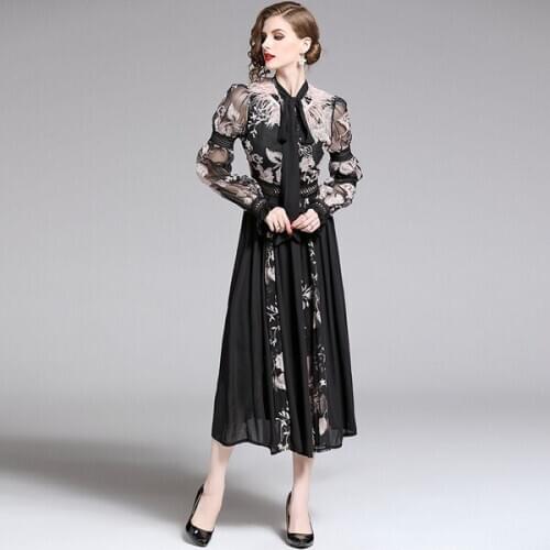 Runway design Women Autumn Floral Embroidery Midi Length Dress Sheer Mesh Vintage Black feather A-line Elegant chic Dresses