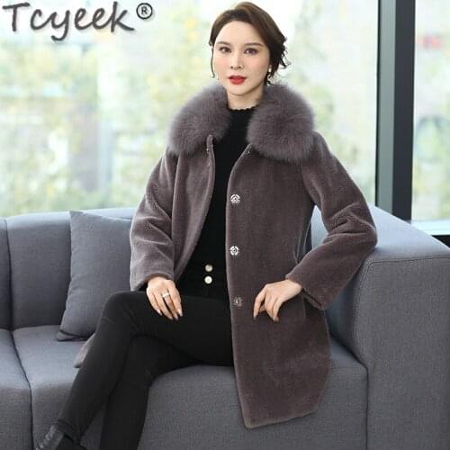 Tcyeek Fox Fur Collar Coat Female Winter 2021 100% Real Sheep Shearling Coats Women Wool Jackets Elegant Jaqueta Feminina Gxy192