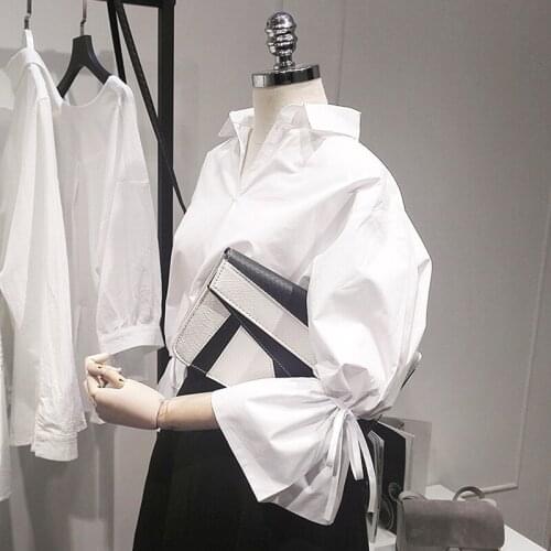 2021 new summer cotton women blouse loose V collar flare sleeve office lady loose white shirt work elegant blouse outwear tops