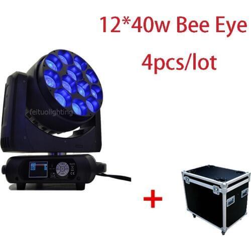 4pcs/lot+flycase High Power Zoom Led Moving Head Beam Light Bee Eye 12*40w RGBW 4in1 Dyeing Rotation Strobe Beam Effect Light