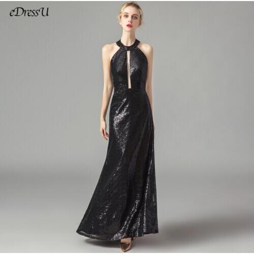 Halter Neck Black Long Dress Elegant Backless Wedding Party Dress Sleeveless Sequins Evening Dress Vestido de Fiesta WS-L1120