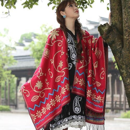 National Style Two Side Red Womens Cashmere Thick Poncho Zizith Chal Stole Tippet Winter New Brand Pashmina Shawls 150x150cm
