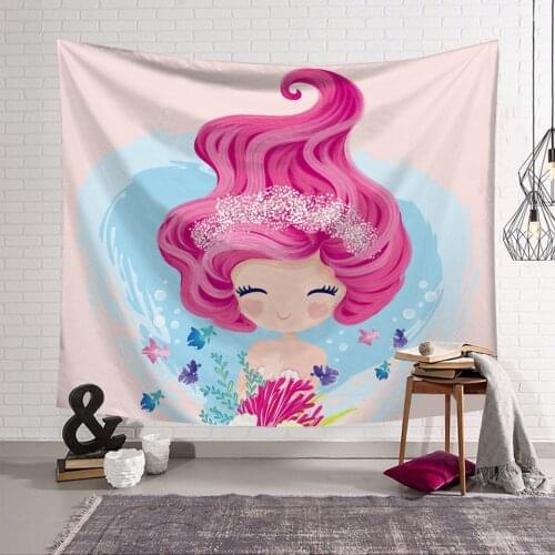 3D Cartoon Rose Red Hair Mermaid Print Tapestry Cute Children Girls Bedroom Decoration Background Cloth Hanging Wall