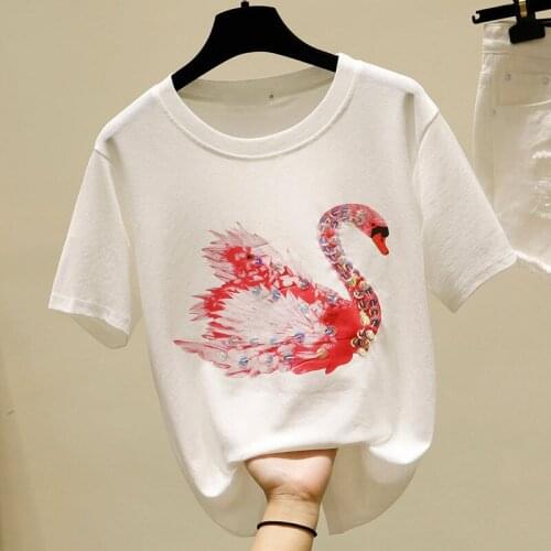 Ins Top Summer 2021 New Sequin Printed Short-sleeved T-shirt Womens Korean Loose White Student Clothes Trend Women Clothes