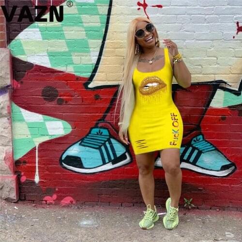 VAZN 2020 Summer Hot Sales Energy Daily Young Joker Little Chap Sexy Round Neck Tank Sleeve High Waist Top Women Thin Mini Dress