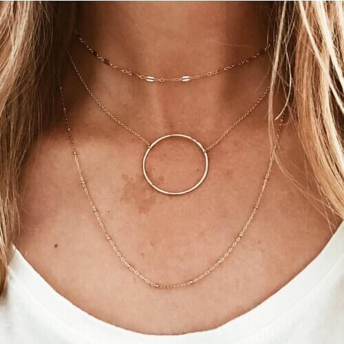 Layered Necklace Handmade 30MM Circle Jewelry Gold Filled Choker Pendants Collier Femme Kolye Jewelry Boho Women Necklace