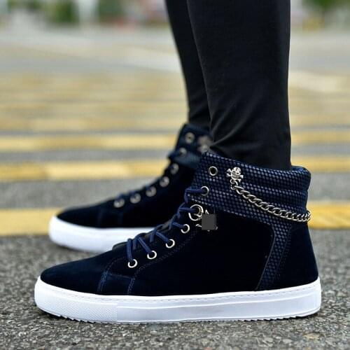 Men Vulcanized shoes New High Top Canvas High Quality Casual shoes Men Autumn Leather Sneakers Metal Chain Plus Size Male FlatsY