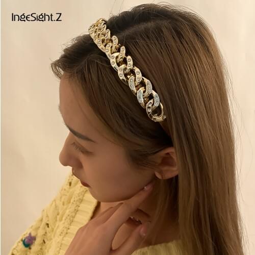 IngeSight.Z Kpop Rhinestone Crystal Hairbands Thick Link Chain Headband Hair Hoops Holder Hair Accessories for Women Jewelry