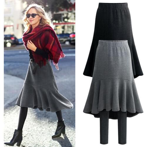 Fall Winter Womens High Rise Leggings Velvet Band Skirt Fake Two Pieces Fishtail Skirt Thermal Culottes Women Stacked Leggings