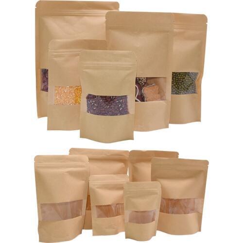 10pcs Transparent Window Kraft Paper Bags Stand Up Pouches Tea Coffee Bean Gift Candy Wrapping Supplies Food Storage Zipper Bags