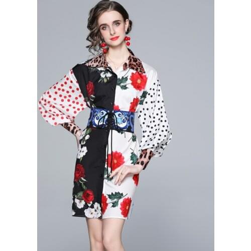 Lapel Long Sleeve Single-breasted Shirt Dress 2021 Spring/Summer Fashion Polka Dot Print Dress with Waist Seal