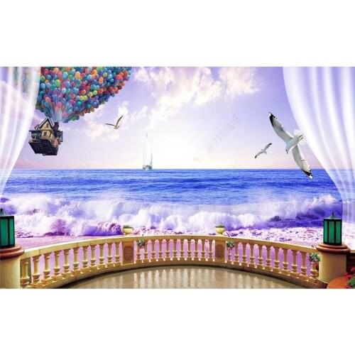 Custom photo wallpaper for walls 3 d murals HD sea view balcony scenery blue sky white clouds balloon seagull background wall