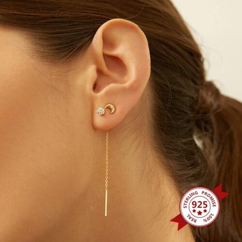 Minimalism 925 Sterling Silver Ear Needle Moon Stud Earrings White Crystal Cartilage Piercing Earrings For Women Girl Jewelry