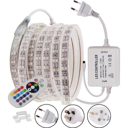 5050 RGB LED Strip Light 220V 110V 120LEDs/M Remote Control Waterproof IP67 Led Flexible Ribbon Rope Lights Home Decoration