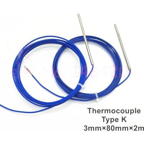 2X Type K Thermocouple -40~480 Degree 3mm / 4mm * 80mm Probe Temperature Sensor 2-Meter Blue Insulated Wire High Quality