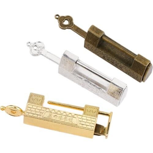 Vintage Lock +Key Great Wall Pattern Padlock Gold/Silver/Bronze Antique Old Chinese Jewelry Wooden Box Case Drawer Cabinet