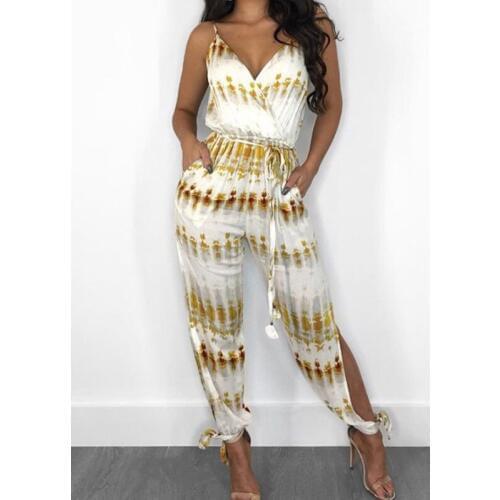 New Women Ladies Summer Jumpsuits Strappy slip striped print side slit belt playsuits Party Romper casual Long Trousers Clubwear