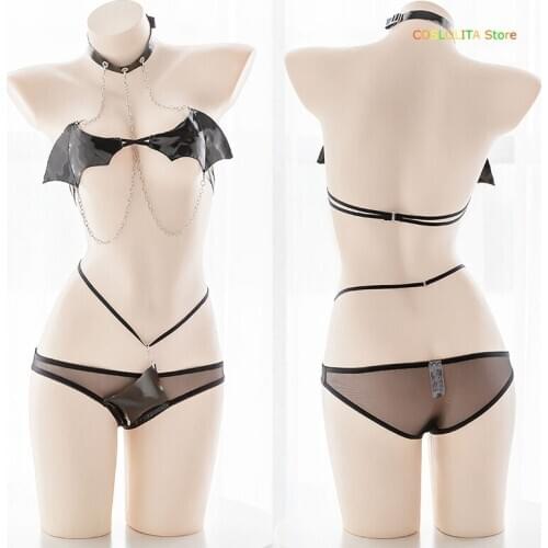 Women Japanese Little devil Bikini set Sleepwear Teen Girls Sexy Patent Leather Devil Wings Chain Bondage Underwear Set Cosplay