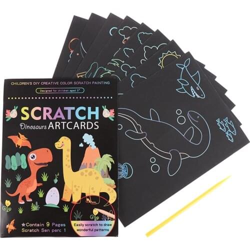1Set Magic Rainbow Dinosaur Scratch Art Painting Paper Card Kids DIY Drawing Toy