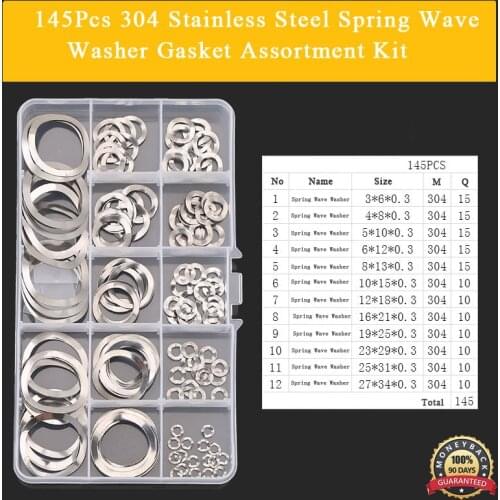 145Pcs 304 Stainless Steel Spring Wave Washer Gasket Assortment Kit Size Include: M3 M4 M5 M6 M8 M10 M12