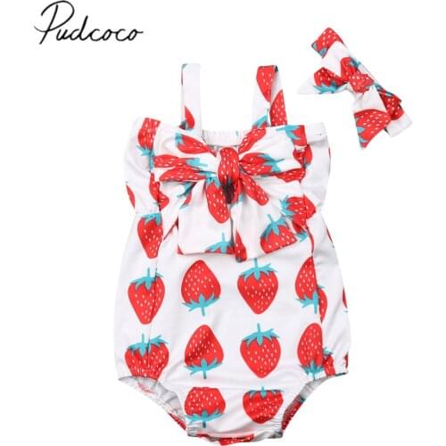2019 Baby Summer Clothing 0-24M New Cute Infant Baby Girls Strawberry Print Bodysuits Ruffle Sleeveless Jumpsuit Outfits Sunsuit