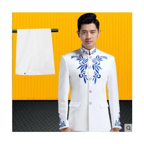 Blazer men groom suit set with pants mens suits singer stage White embroidered stand-up collar clothing formal dress b592