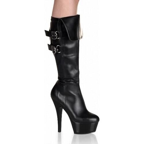 Fashion PU Leather High Heels Boots Sexy Round Toe Stilettos Autumn Winter Belt Buckle Thick Platform Boots Party Cosplay Shoes