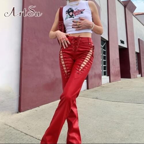 ArtSu Y2K Hollow Out Lace-Up PU Leather Pants Harajuku Vintage High Waist Bandage Red Trousers Grunge Punk Streetwear PA52546