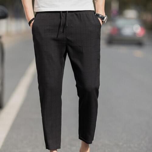 Pants Plus Size Men Plaid Drawstring Pockets Elastic Waist Pencil Trousers Ninth Pants