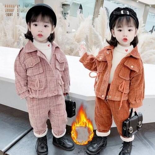 Elegant Corduroy Children Coat Pant Sets For Girls Kids Spring Winter Overcoat Thicken Jackets Plus Velvet Costumes Outwear Tops