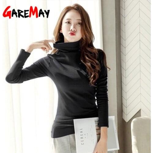 GareMay 2020 autumn Cotton Turtleneck Long Sleeve Slim Top Tees Stretch long Sleeve Female Tops korean Casual Warm Thickshirt